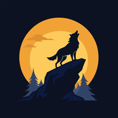 Wolf Silhouette Roaring at the Moon on a Rocky Cliff Overlooking a Dense Forest