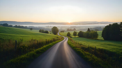 Obraz premium Winding Road Through Lush Green Fields Under a Vibrant Sunrise in a Scenic Landscape