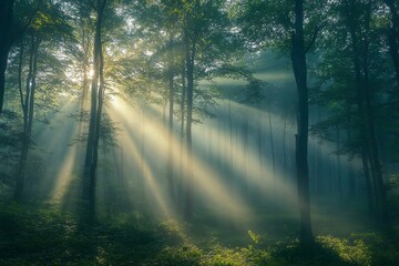 Obraz premium Sunlight streams through a misty forest with many trees