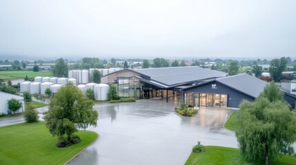 Modern Winery Complex with Tanks and Green Spaces