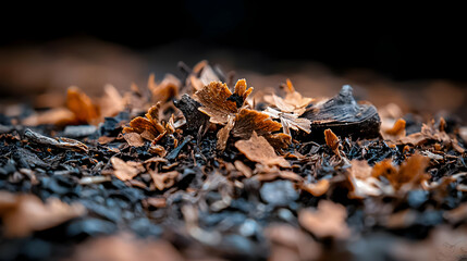 Close-up Of Brown And Black Decomposed Leaf Litter On Forest Floor Showing Detailed Texture