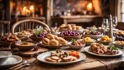 Fototapeta premium A rustic wooden table laden a variety autumnal dishes, including meats, breads, fruits, creates a warm inviting feast scene.