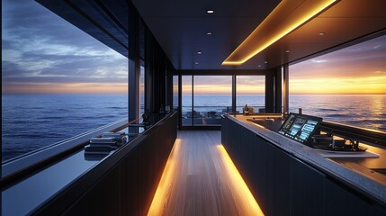 Luxurious yacht interior at sunset.  Panoramic ocean views from a modern galley
