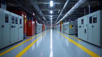 Obraz premium Long Industrial Corridor With Grey And White Metal Equipment And Yellow Lines On The Floor
