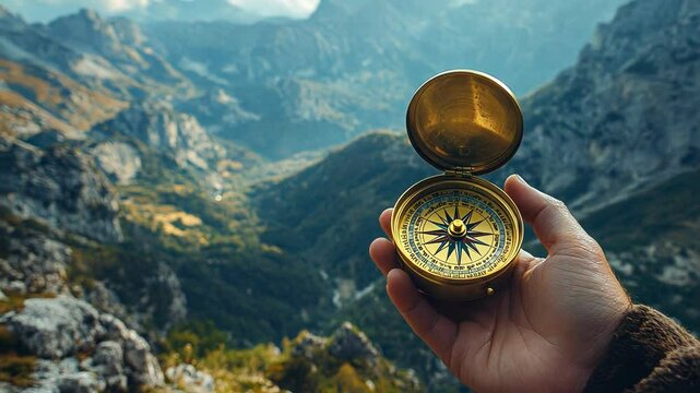 A hand holding a compass against a breathtaking mountain backdrop.