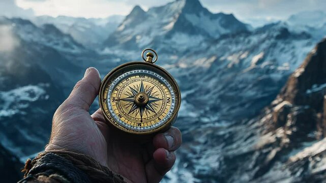 A hand holding a compass against a stunning mountain backdrop.