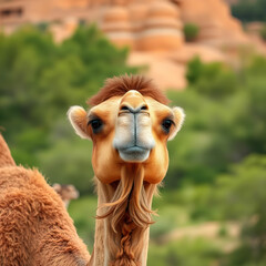View of wild camel. Dromedary camel standing in the african savanna on a cloudy day