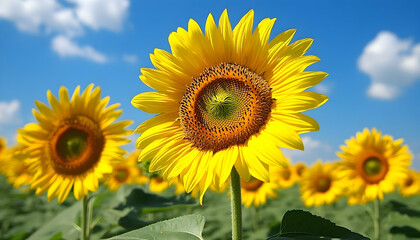 Obraz premium Vibrant sunflower field under a clear blue sky, showcasing nature's beauty and tranquility