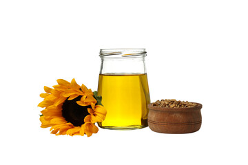 PNG, Oil in jar, sunflower and bowl with seeds, isolated on white background