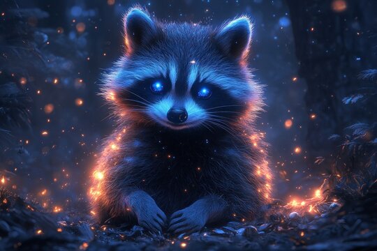 Glowing raccoon in enchanted forest with fireflies, fantasy backdrop