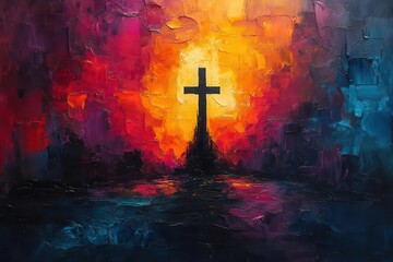 abstract expressionist painting featuring vibrant swirls of color forming subtle cross silhouette textured brushstrokes spiritual contemporary art