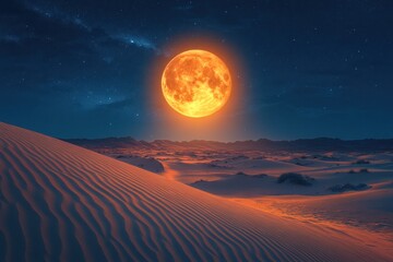 Orange full moon over desert dunes at night