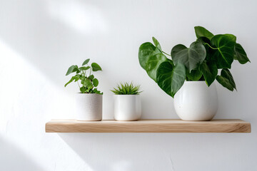 Indoor Plants on Shelf: A minimalist composition featuring three potted plants against a plain white wall.