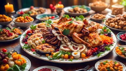 Obraz premium A large platter displays a roasted chicken various seafood, surrounded an array colorful side dishes. A warm, inviting scene perfect celebrations.