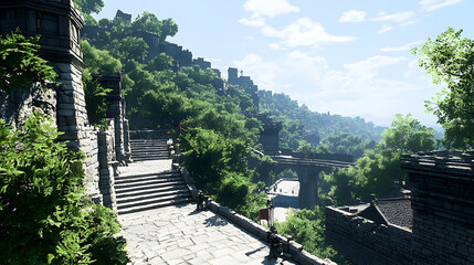 Fototapeta premium Elevated Stone Structure With Green Vegetation In Mountainous Terrain Under Blue Sky Sunlight