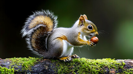 Fototapeta premium Squirrel Eating Acorn On Mossy Branch