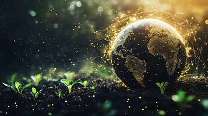 Obraz premium Digital Earth Globe with Network Connections in a Green Field with Seedlings and Sunlight