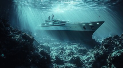 Luxurious yacht submerged in underwater coral reef. Sunlight beams through the murky water illuminating the vessel