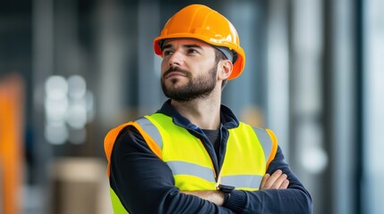 Fototapeta premium Confident Male Construction Worker in Safety Gear Looking Up with Optimistic Expression at Construction Site