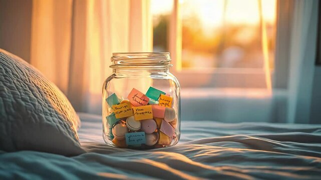A cozy jar filled with colorful notes on a sunlit bed.
