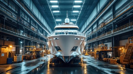 Luxurious yacht under maintenance in a large industrial hangar.  High ceilings and industrial lighting highlight the expansive space