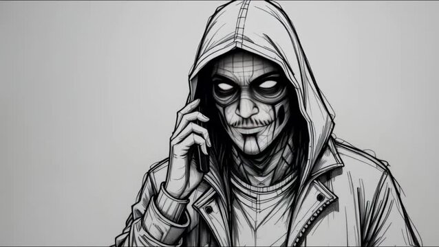 Masked hacker talking on cell phone sketch
