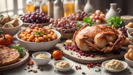 A delicious roasted chicken surrounded various side dishes, including beans, grapes, tomatoes, creates a festive Thanksgiving meal.