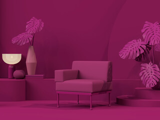 Interior of the room in plain monochrome in viva magenta colors with arm chair furnitures and decor room accessories, monstera plant pot. 3D render for social media, presentation dark pink backgrounds
