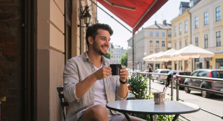 Young man enjoying coffee at outdoor cafe table in European city. Urban tourism, solo travel, and local experience concept. Streetside dining in historic town center.