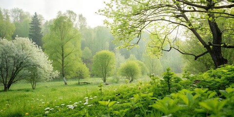 Obraz premium Spring Morning in the Forest with Green Trees and Blue Sky