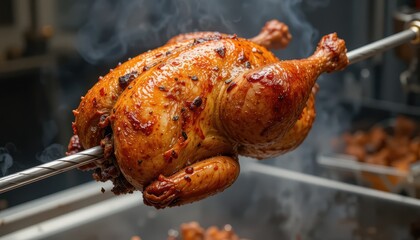 Rotisserie chicken cooking kitchen food photography culinary art close-up gourmet experience