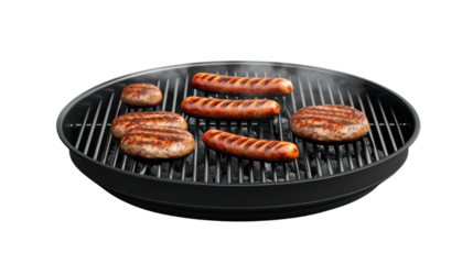 Delicious sausages and hamburgers grilling on barbecue with transparent background