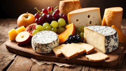 A rustic wooden board displays an assortment cheeses, complemented fresh grapes apples.