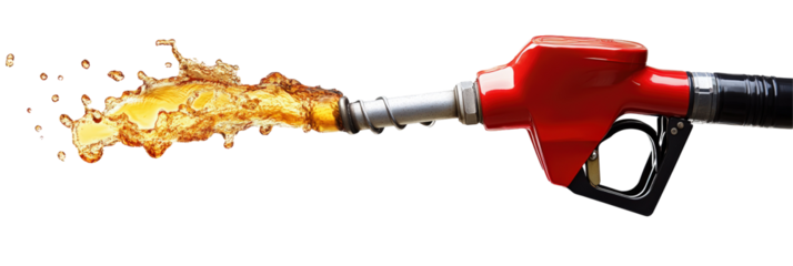 Fuel nozzle pouring gasoline isolated on transparent background