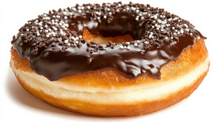 Chocolate Donut with Sprinkles on White Background