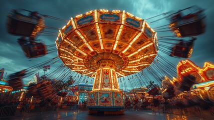 Exciting Carnival Ride at Amusement Park Night Scene Colorful Lights Dynamic Atmosphere