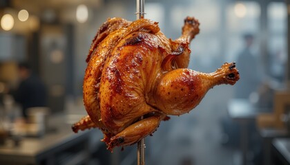 Naklejka premium Roasted chicken cooking restaurant kitchen food photography indoor setting close-up culinary delight
