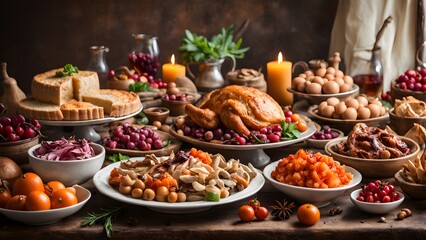 A rustic Thanksgiving table laden a roasted chicken, various side dishes, fruit, bread. Candles fall colors create a warm, inviting atmosphere.