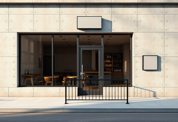 Modern Cafe Exterior with Glass Front and Minimalist Elegance