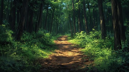 Obraz premium A serene forest path winding through towering trees, surrounded by lush green foliage and rich brown soil, capturing the enchanting beauty of nature. 