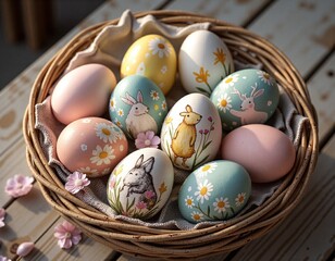Charming decorative eggs in a rustic basket