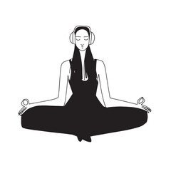 girl doing online meditation on headphones. Vector illustration