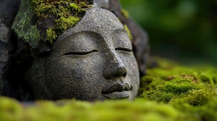 Obraz premium Peaceful stone figure resting in mossy garden