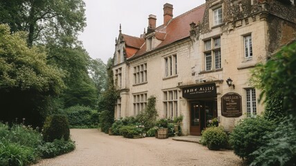 Grand Stone Manor House with Lush Greenery and Gravel Driveway