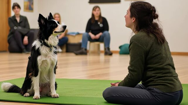 trainer teaching dog advanced cues in vibrant indoor setting, dynamic and focused interaction, professional expertise, engaging and innovative obedience training process