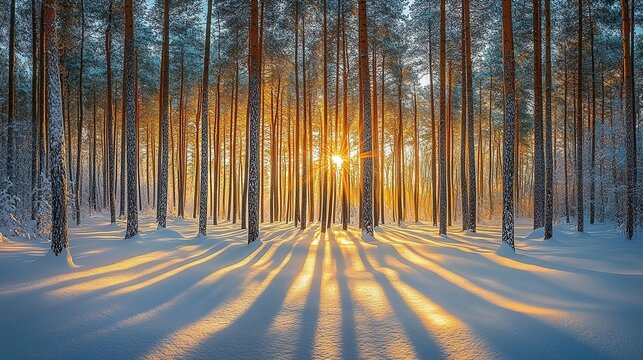 A breathtaking winter forest landscape with tall snow-covered trees illuminated by the warm glow of the setting sun. The sunlight filters through the branches of the pines, casting long shadows on the