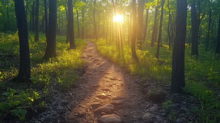 Obraz premium Sunlight Path Through Forest Trail at Sunrise
