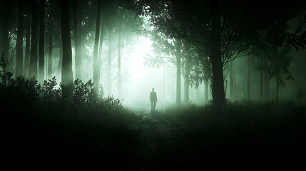 Naklejka premium Silhouette Of Person Walking On A Forest Path Illuminated By Bright Sunlight Through Dense Trees And Mist