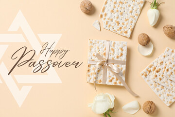 Passover, matzah with flowers and nuts, with greeting text, on a light background