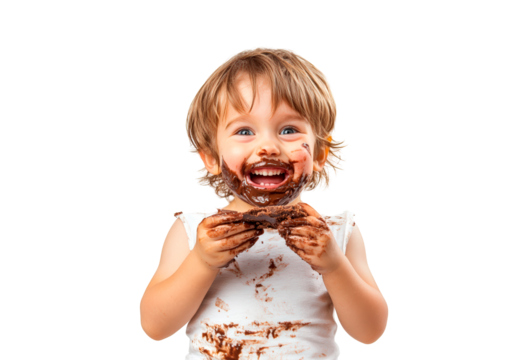 Happy child eating chocolate with a messy face isolated on transparent background